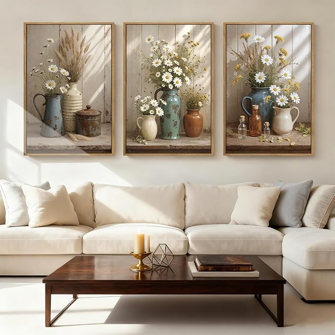 ANHUIB Vintage Floral Wall Art Rustic Farmhouse Flower Wall Decor Daisy Botanical Painting 16x24 Inch Set of 3 for Living Room Bedroom