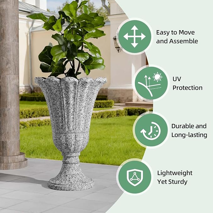 23.6" Tall Plastic Urn Planters for Outdoor Plants with Drainage Holes & Petal Design, Set of 2 Sturdy Base Classic Indoor Large Flower Pots, Outdoor Planters for Porch/Home/Garden, Slate Gray