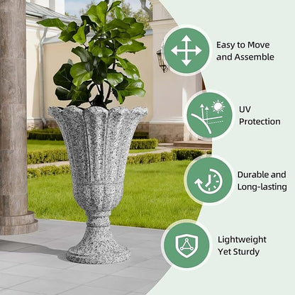 23.6" Tall Plastic Urn Planters for Outdoor Plants with Drainage Holes & Petal Design, Set of 2 Sturdy Base Classic Indoor Large Flower Pots, Outdoor Planters for Porch/Home/Garden, Slate Gray