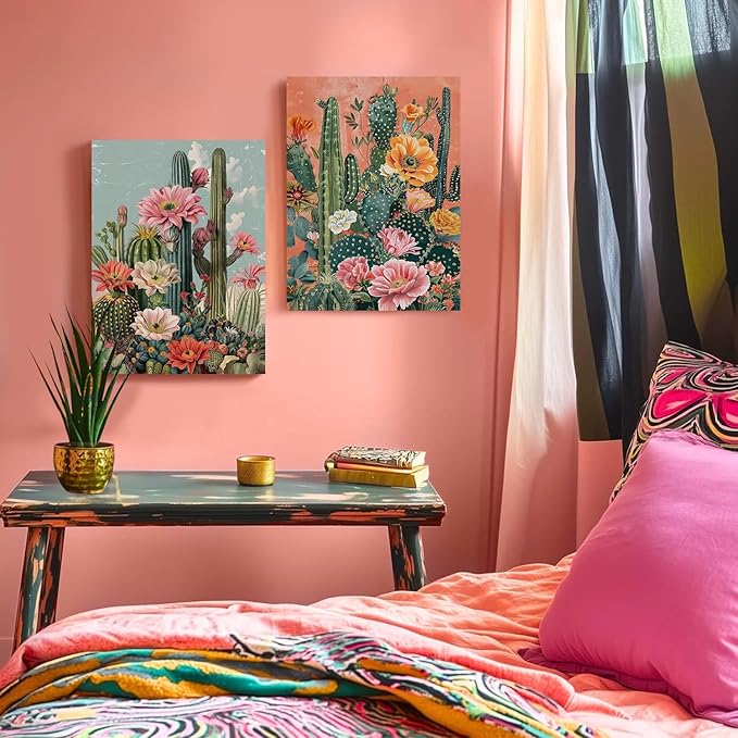 RUMSICH 2Pieces Mexican Cactus Canvas Wall Cover Art Vintage Desert Floral Wall Decor Paintings Southwestern Artwork Pictures Bohemian Botanical Posters Print Bedroom Bathroom Office Decor 12×16 Inch