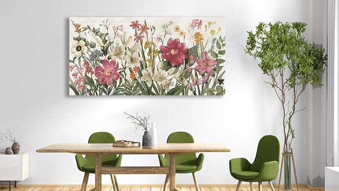 arteWOODS Botanical Canvas Wall Art - Flowers Pictures Wall Decor Wildflowers Plants Painting Artwork Red Beige Blooming Floral Prints for Living Room Bedroom Office Home Decor Ready to Hang 48 x 24in