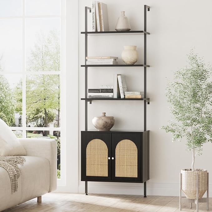 Ladder Bookshelf with Cabinet, 6 Tier Wall Mount Ladder Bookcase with Rattan Cabinet, Tall Open Ladder Shelf with Metal Frame for Living Room, Bathroom, Home Office, Black