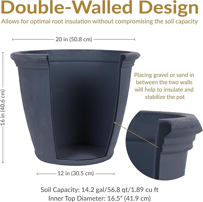 Sunnydaze 20-Inch Anjelica Large Plastic Pot for Plants - Double-Walled Outdoor Polyresin Round Planter Porch Pot with Drillable Drainage Holes - Slate - 4pk