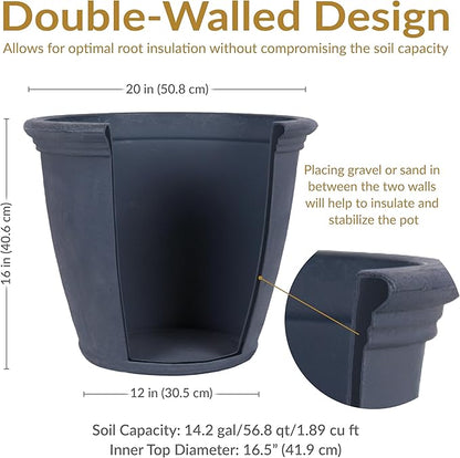 Sunnydaze 20-Inch Anjelica Large Plastic Pot for Plants - Double-Walled Outdoor Polyresin Round Planter Porch Pot with Drillable Drainage Holes - Slate - 4pk