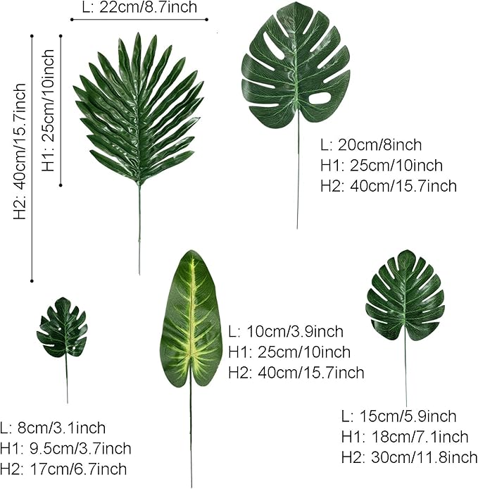 60 Pieces 5 Kinds Artificial Palm Leaves with Faux Stem, Tropical Party Decorations Jungle Monstera Leaves Safari Leaves for Hawaiian Luau Party Jungle Beach Table Leave Decorations