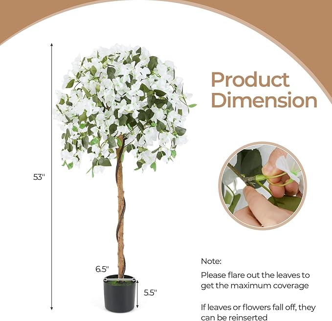 GOFLAME 53" Artificial Bougainvillea Tree, Faux Silk Flower Plant in Pot with 576 Flowers & 288 Leaves, Indoor Outdoor Fake Bougainvillea for Home, Office and Garden Decor, White