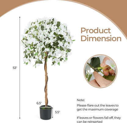 GOFLAME 53" Artificial Bougainvillea Tree, 2 Pack Faux Silk Flower Plant in Pot with 576 Flowers & 288 Leaves, Indoor Outdoor Fake Bougainvillea for Home, Office and Garden Decor, White