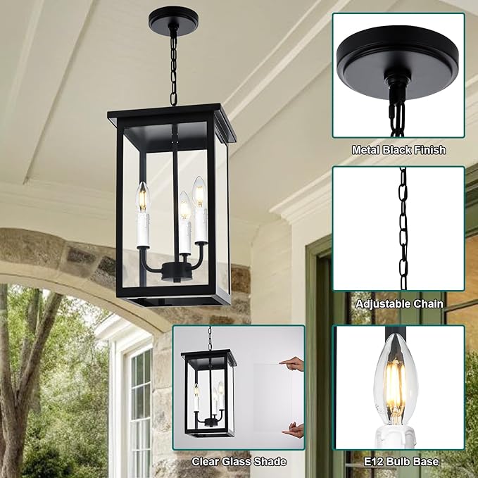 3 Lights Indoor Pendant Light White Outdoor Chandelier Exterior Hanging Fixture Ceiling Mount with Clear Glass Shade Hanging Lantern Light Adjustable Pendant Light for Outdoor Hallway