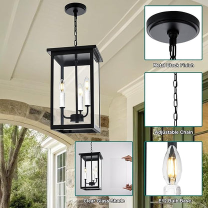 3 Lights Indoor Pendant Light White Outdoor Chandelier Exterior Hanging Fixture Ceiling Mount with Clear Glass Shade Hanging Lantern Light Adjustable Pendant Light for Outdoor Hallway