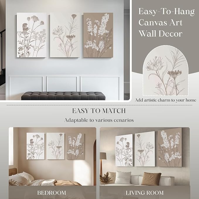 Wivsev Floral Wall Art,Wildflower Canvas Wall Art,Boho Art Wall Decor for Bedroom,Livingroom,Bathroom (16" x 24" x 3 pcs)