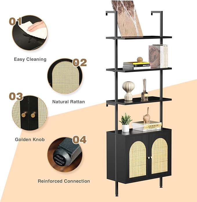Ladder Bookshelf with Cabinet, 6 Tier Wall Mount Ladder Bookcase with Rattan Cabinet, Tall Open Ladder Shelf with Metal Frame for Living Room, Bathroom, Home Office, Black
