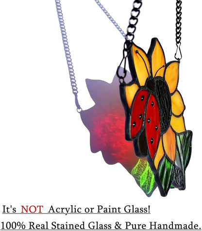 Ladybug Sunflower Stained Glass Window Hangings Suncatcher, Tiffany Style Stained Glass Ladybug Sun Flower Ornament Decor Gifts for Women Mom, Wedding Birthday Christmas Celebration Gifts.