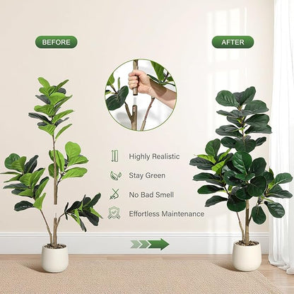 4 ft Fiddle Leaf Fig Tree Artificial with 48 Leaves - Realistic Faux Ficus Lyrata Trees in 7.8 in White Planter Pot, Indoor Fake Floor Plants for Home Office Living Room Decor, Housewarming Gift