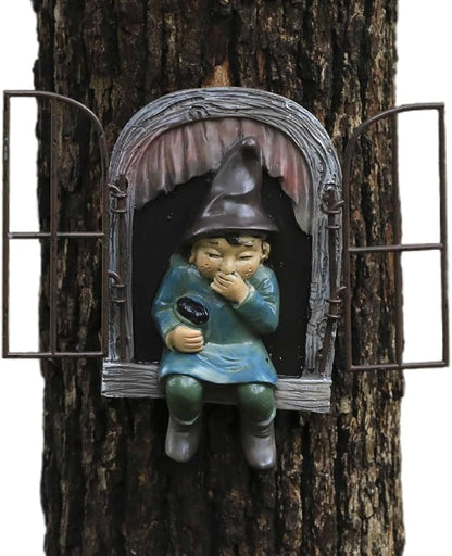 Gnome Open The Door Garden Decor Resin Tree Faces Decor Outdoor Fairy Garden Patio Lawn Porch (Brown)