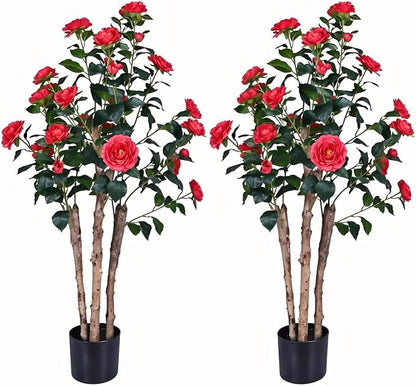 2pc 4ft Decorative Artificial Camellia Tree with Red Flowers, Potted Faux Floral Plant, Realistic Blooming Fake Plants for Indoor Outdoor Home Front Door Planter Decor
