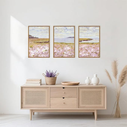 HOURIA Watercolor Pink Floral Coastal Landscape Framed Canvas Wall Art Set,Nature Inspired Wildflower & Meadow Cottage Field Wall Decor,Modern Seaside Beach Artwork for Living Room,Farmhouse-24"x36"x3