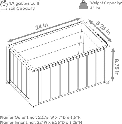 Sunnydaze Slatted Rectangular Wood Planter Box with Powder-Coated Steel Frame - 24" Acacia Wood Planter with Removable Liner - 3.7 Gal Capacity