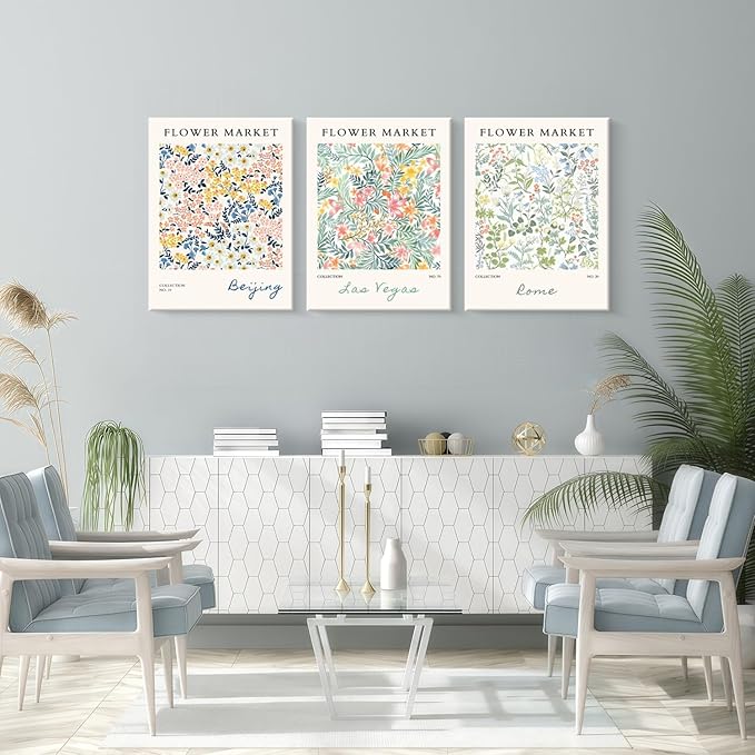 Framed Floral Canvas Wall Art Painting Botanical Wall Print Showcase Beijing, Las Vegas and Rome Flower Painting Poster Botanical Art Home Decor 12x16 inches x3