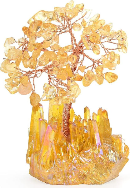 Natural Citrine Crystal Tree with Yellow Titanium Quartz Base,Healing Crystals Chakra Balance Positive Energy Feng Shui Money Bonsai Tree Home Decor for Wealth and Luck