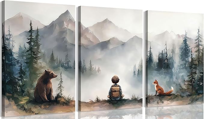3Pcs Neutral Woodland Wild Animal Canvas Wall Art Cute Bear Fox Nursery Wall Decor Pictures Adventure Boy Posters Prints Vintage Forest Animal Canvas Paintings for Baby Room Playroom Framed 16x24