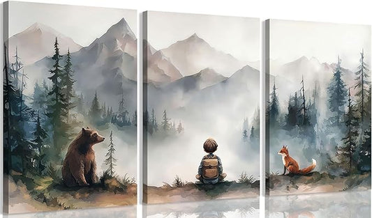 3Pcs Neutral Woodland Wild Animal Canvas Wall Art Cute Bear Fox Nursery Wall Decor Pictures Adventure Boy Posters Prints Vintage Forest Animal Canvas Paintings for Baby Room Playroom Framed 16x24