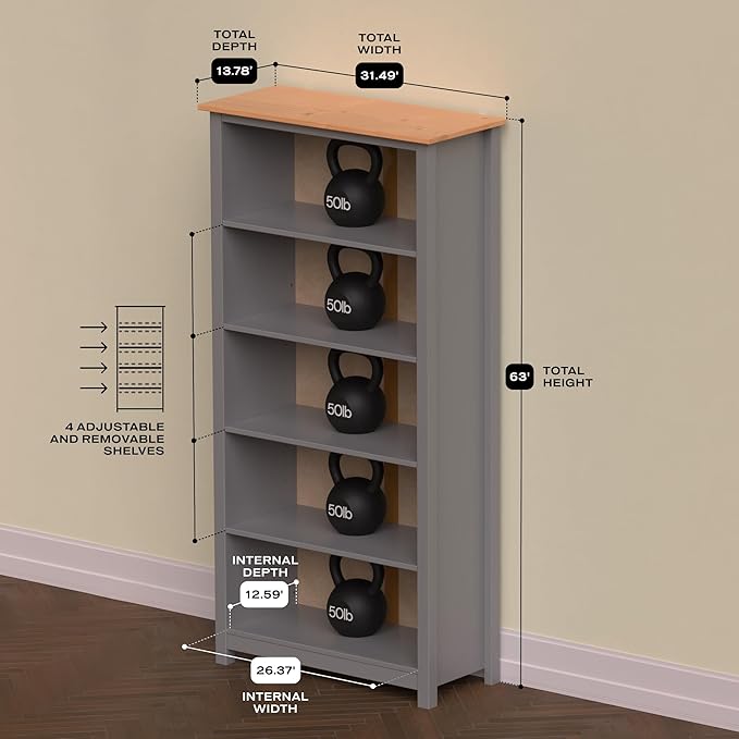 From the Tree Furniture Solid Pine Wood Bookcase – Tall Bookshelf with 4 Adjustable Shelves for Home, Office & Kids Room