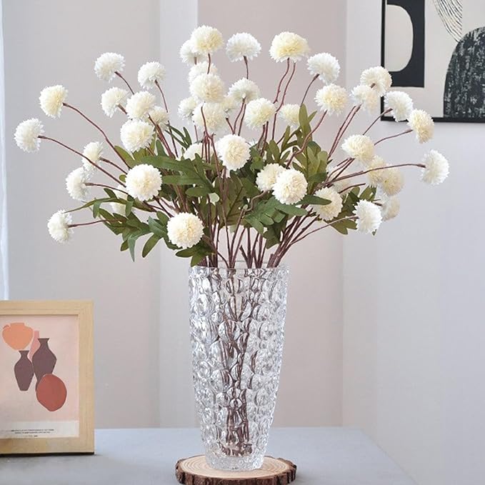 10PCS Artificial Chrysanthemum Ball Flowers Fake Mums with Long Stems Pom Pom Faux Mini Mum Flower Arrangements for Home Party Wedding Decoration (White)