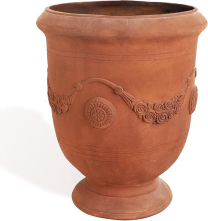 Worth Garden Large Urn Planter - 14" Dia x 16.5" H Lightweight Magnesium Oxide Plant Pot with Cement Texture - Rust-Like Finish Concrete Urn Planter with Drainage Hole for Indoor & Outdoor Decor