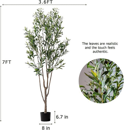7FT Artificial Olive Tree Tall Faux Silk Plant Tall Faux Olive Tree with Natural Wood Trunk & Lifelike Fruits Fake Potted Tree or Home Office Decor