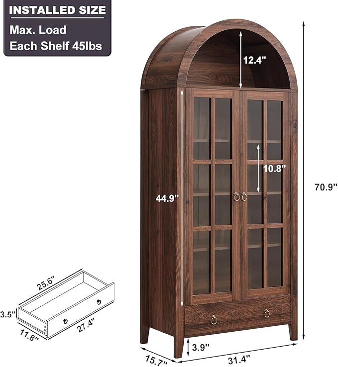 71" Tall Arched Cabinet, Modern Farmhouse Wooden Display Cabinet with Drawer and Glass Doors, 6 Tier Bookshelf w/Adjustable Shelves for Living Room, Office, Walnut