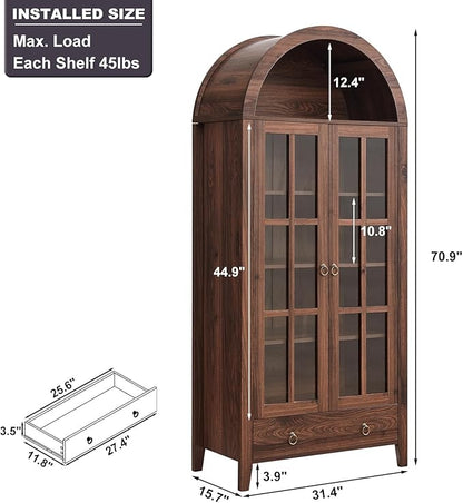 71" Tall Arched Cabinet, Modern Farmhouse Wooden Display Cabinet with Drawer and Glass Doors, 6 Tier Bookshelf w/Adjustable Shelves for Living Room, Office, Walnut