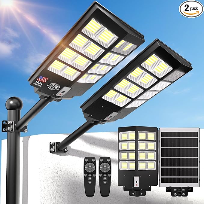 Solar Street Lights Outdoor, 6500K Solar Lights Outdoor Waterproof Dusk to Dawn, Security Flood Lights with Motion Sensor and Remote for Yard, Garage, Driveway (3000W-(2 Pack))