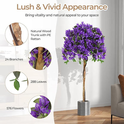 GOFLAME 53" Artificial Bougainvillea Tree, 2 Pack Faux Silk Flower Plant in Pot with 576 Flowers & 288 Leaves, Indoor Outdoor Fake Bougainvillea for Home, Office and Garden Decor, Purple