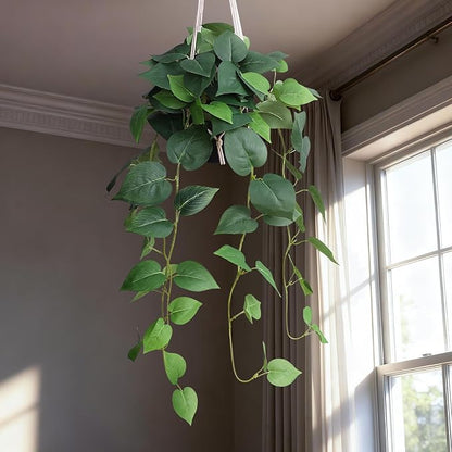 alyptus Fake Hanging Pothos – Realistic Pothos Plant for Indoor & Outdoor Decor, Lush Faux Hanging Plants with Vines for Shelves, Counters, Home & Office Greenery - Green