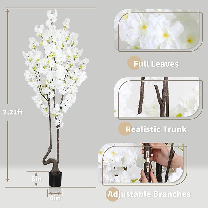 7.2 ft White Artificial Cherry Blossom Tree, Nearly Nature Faux Silk Flower Tree Indoor, Fake Realistic White Flowering Tree for Christmas New Year Home Decor