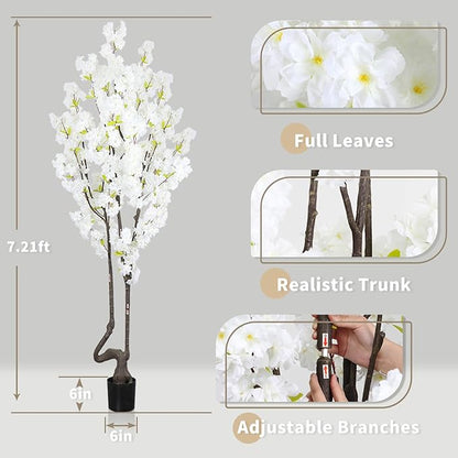 7.2 ft White Artificial Cherry Blossom Tree, Nearly Nature Faux Silk Flower Tree Indoor, Fake Realistic White Flowering Tree for Christmas New Year Home Decor
