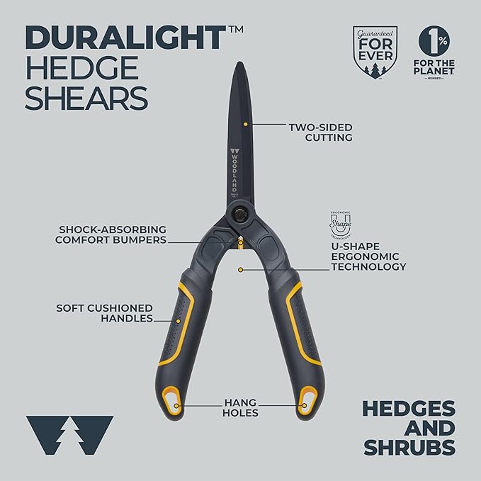 Woodland Tools Duralight Hedge Shears, 16 Inch Lightweight Manual Hedge Clippers with 7.5 Inch Non Stick Blades and Glass-Filled Nylon Handles, Garden Trimmer for Shaping and Precision Cutting