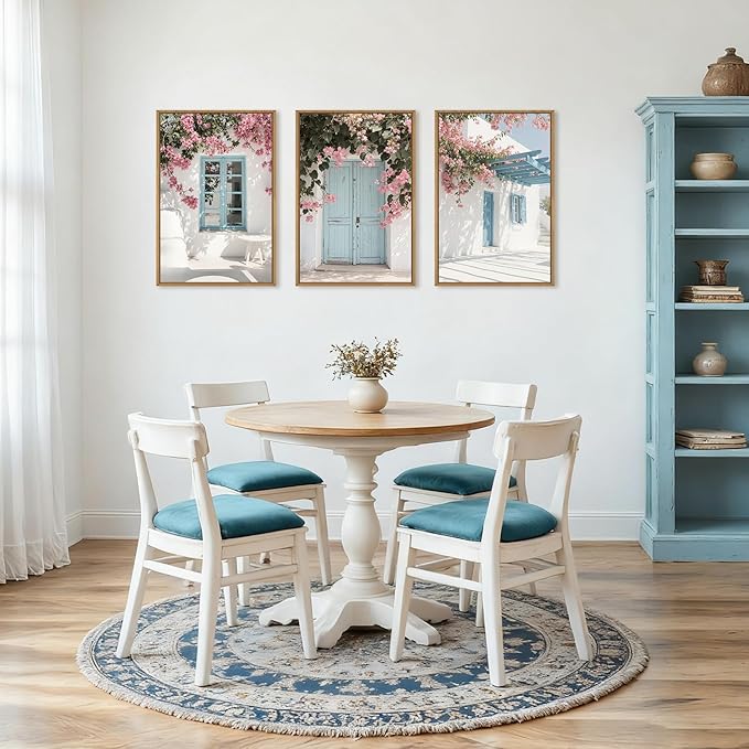 HOURIA Modern Greek Island Cityscape Framed Canvas Wall Art Set,European White House Blue Door Shutter Landscape Wall Decor,Santorini Natural Pink Flower Artwork for Living Room, Bedroom-16 x24 x3