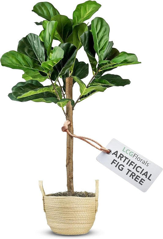 3ft Artificial Fiddle Leaf Fig Tree in Boho Woven Basket - Real Wood Trunk, Preassembled, No Maintenance Indoor Faux Plant - Living Room, Home & Office Decor