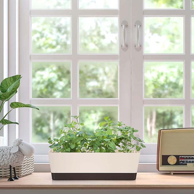 Skelang 2 Pcs Rectangular Plant Pot, 16.7" Flower Planter Box with Drainage Hole, Windowsill Container with Tray for Succulents, Herbs, Cacti