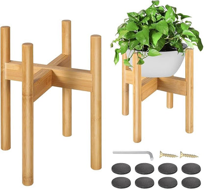 FJO 2Pcs Adjustable Plant Stand Indoor - Bamboo Plant Stands, Bamboo Mid Century Modern Plants Stands, Plant Holder for Living Room Fits 8 to 12 Inches Pots(Pot & Plant Not Included) (Natural)