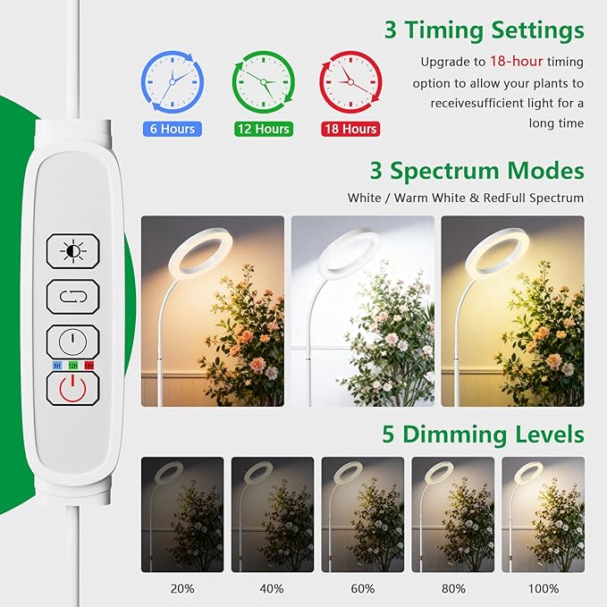 One Head Grow Light for Indoor Plants Full Spectrum - Floor Standing Plant Lamp with Auto Timer 6/12/18H, 5-Level Dimmable & Adjustable Height 16.5-68in for Large Tall Plants | White