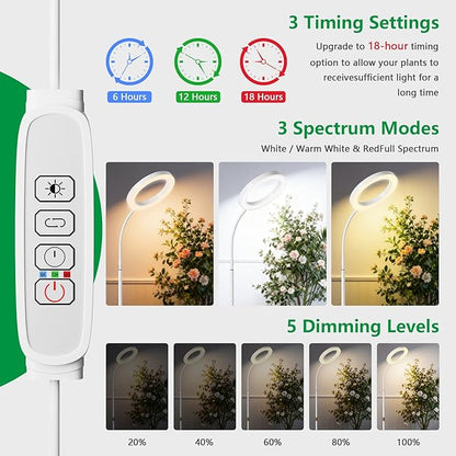 One Head Grow Light for Indoor Plants Full Spectrum - Floor Standing Plant Lamp with Auto Timer 6/12/18H, 5-Level Dimmable & Adjustable Height 16.5-68in for Large Tall Plants | White
