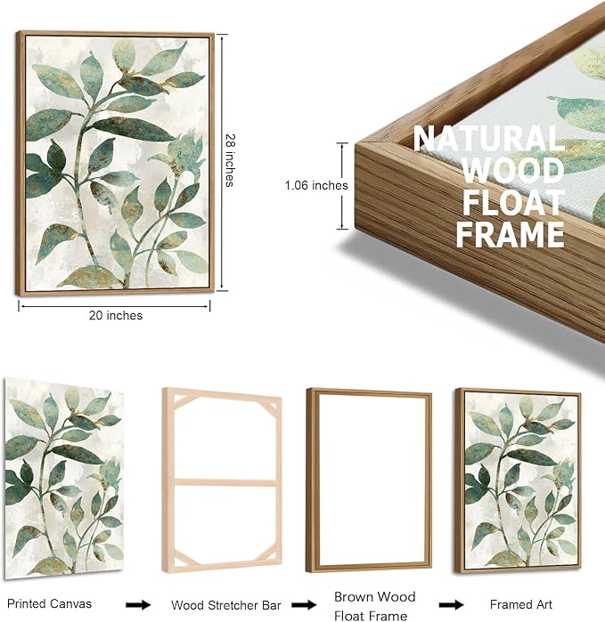 Large Framed Canvas Wall Art - Natural Float Framed Rustic Green Flowers Leaves Pictures Paintings White Grey Artwork Decor for Bedroom Living Room Kitchen Home Office Decoration 60" X 28" Set of 3