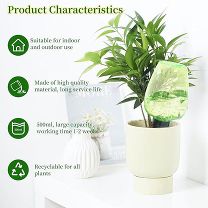 6pcs Plant Self Watering Globes, Plastic Water Bulbs Top Fill, 12.3 oz Plant Watering Devices System Slow Release Terracotta, Water Spikes Stakes for Indoor (Green-6pack)