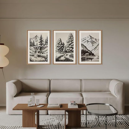 HOURIA Vintage Sketch Pine Tree Mountain Framed Canvas Wall Art Set,Moody Retro Antique Wilderness Botanical Ridge Decor,Modern Natural Black White Artwork for Living Room,Bedroom,Farmhouse- 24"x36"x3