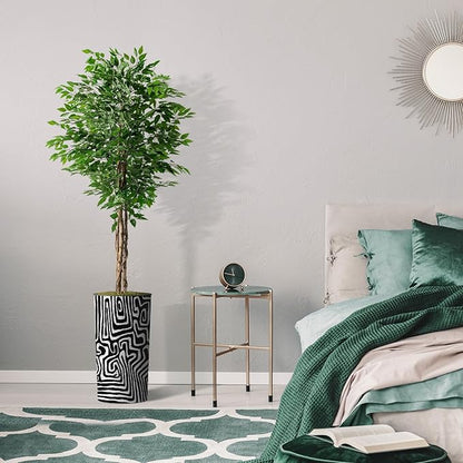 Artificial Tree in Modern Geometric Pattern Planter, Fake Ficus Silk Tree for Indoor and Outdoor Home Decoration - 75" Overall Tall (Plant Pot Plus Tree)