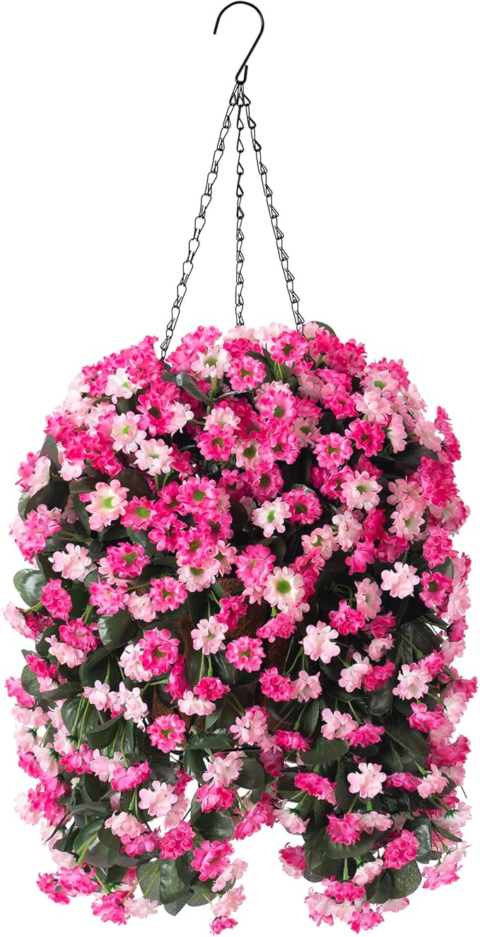Artificial Flowers in Hanging Basket for Outdoors Indoors Decor, Artificial Mums Bush Flowers Plants with Baskets for Home Porch Garden Yard Patio Spring Summer Decoration(Twin Pink)