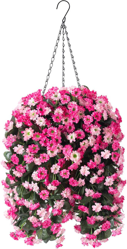 Artificial Flowers in Hanging Basket for Outdoors Indoors Decor, Artificial Mums Bush Flowers Plants with Baskets for Home Porch Garden Yard Patio Spring Summer Decoration(Twin Pink)