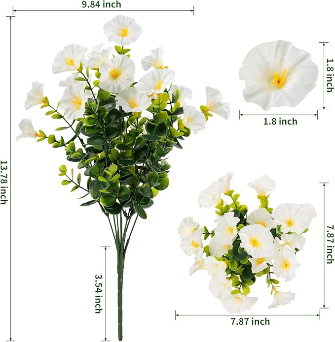 Lnoicy Artificial Flowers for Outdoor 12 Bundles Eucalyptus Fake Flowers for Planter,UV Resistant Fake Morning Glory for Home/Porch/Garden Decoration（White）